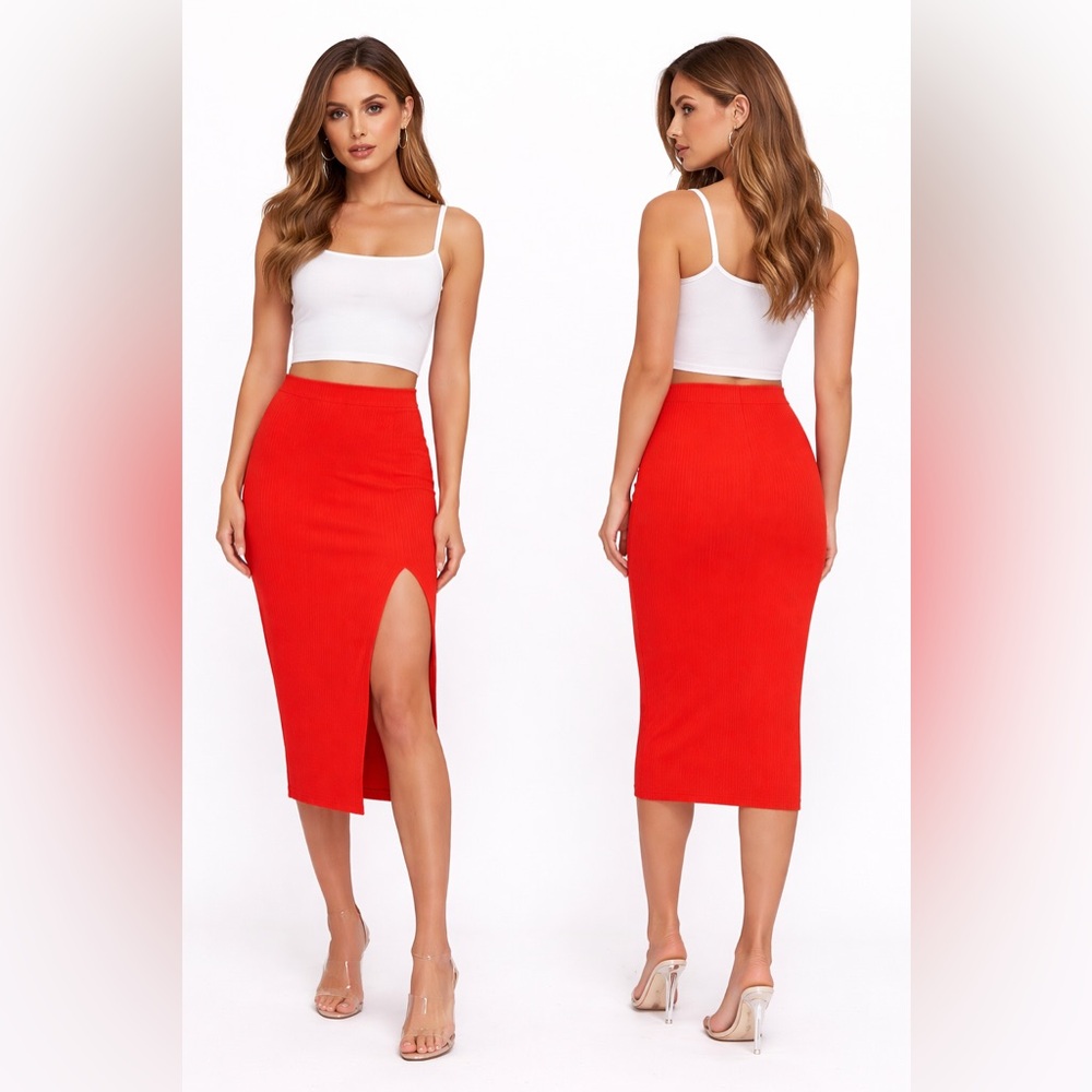 Lulus Burnt Orange Ribbed Knit Midi Pencil Skirt Side Slit Bodycon High-Waisted